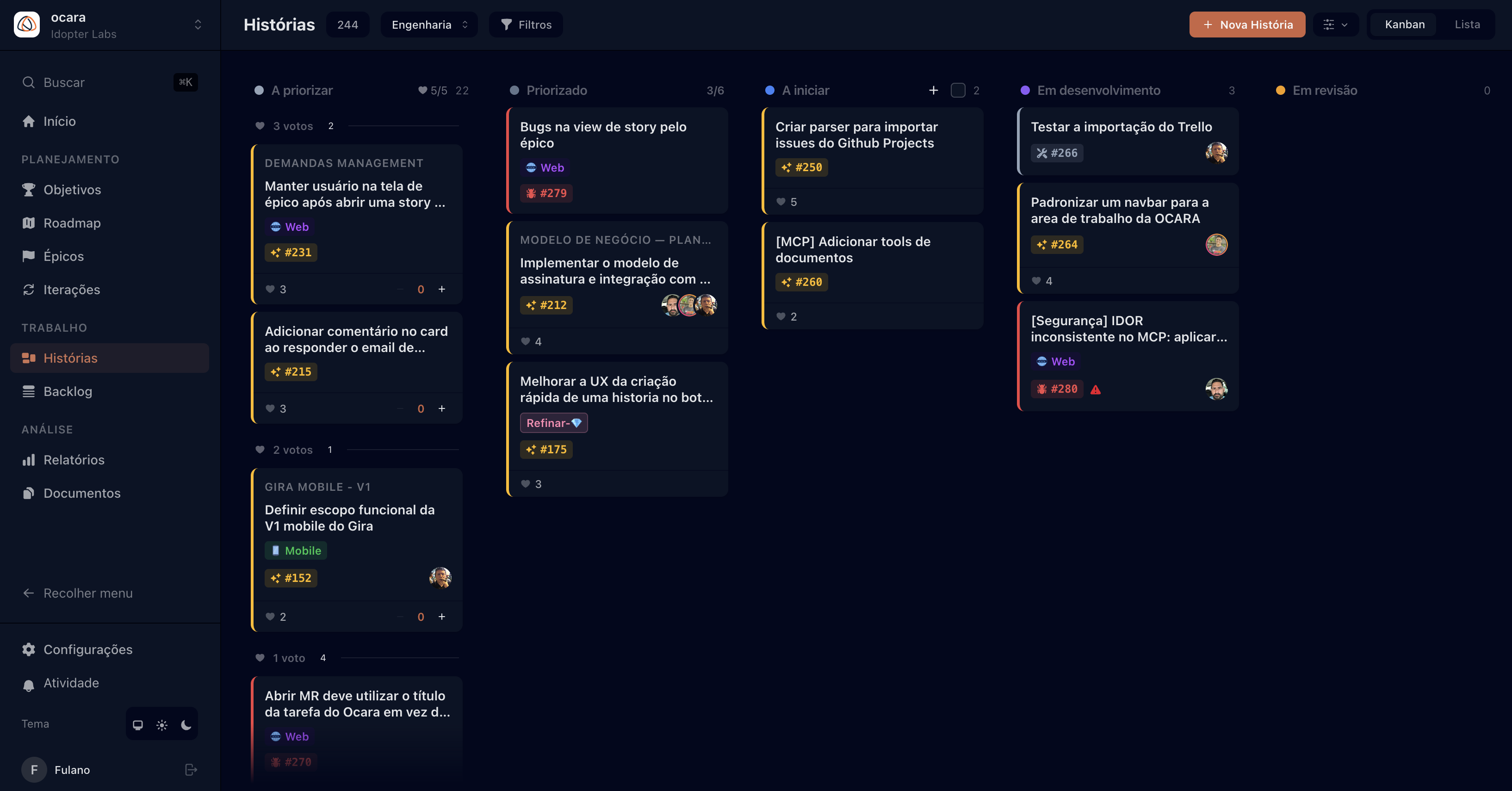 Ocara — quadro kanban em modo escuro